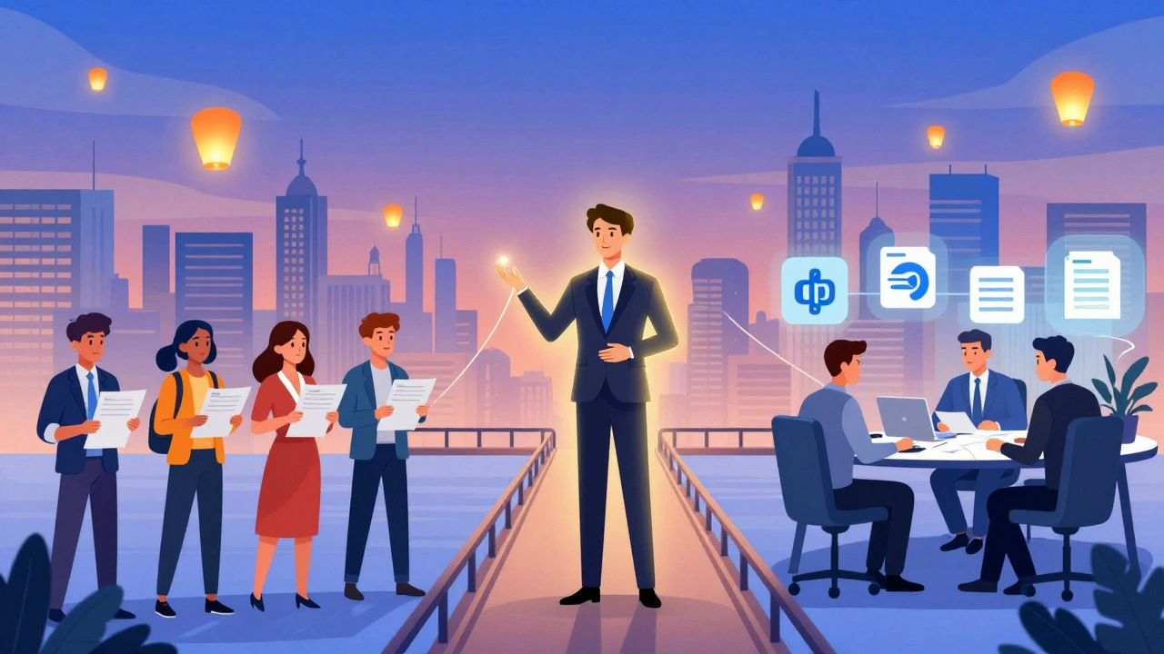 Рекрутер як міст між кандидатами та компаніями, зображений у сучасному цифровому стилі з символічними зв’язками.