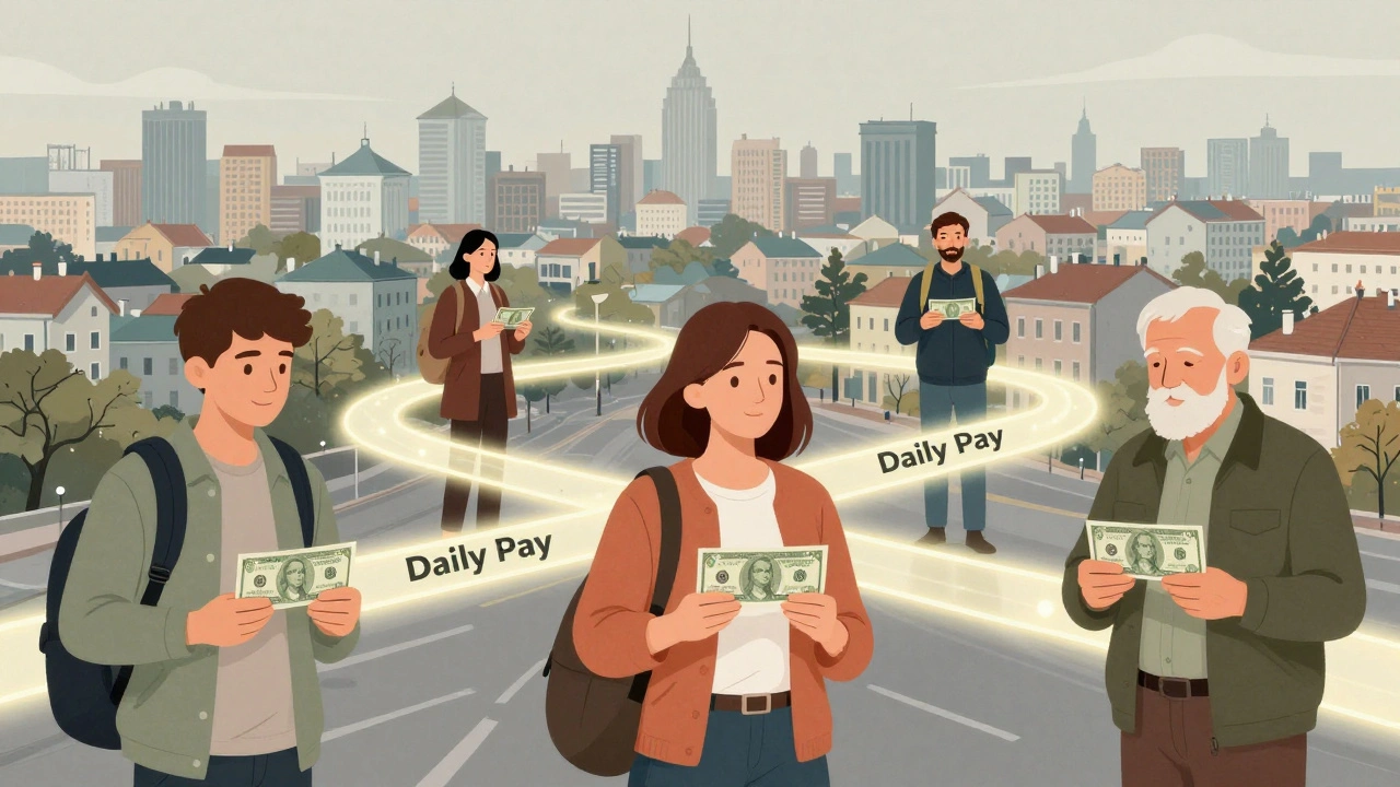 Різні люди отримують готівку в різних районах Києва, символізуючи щоденну зарплату.
