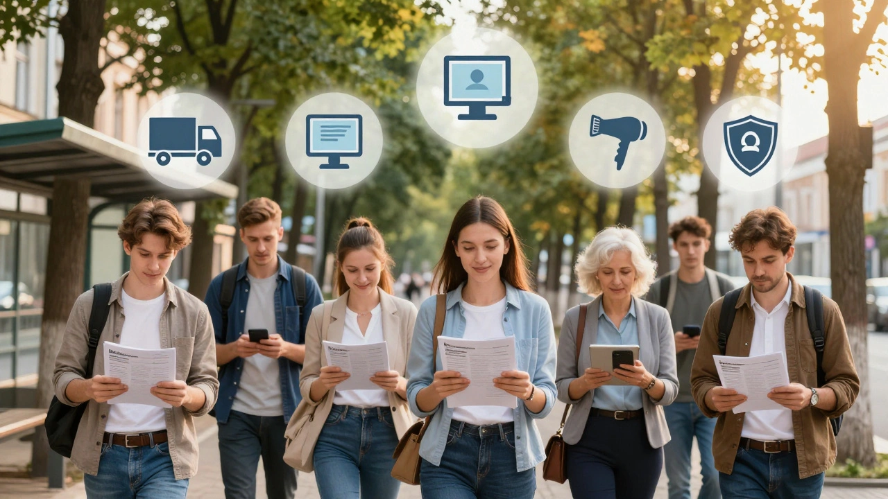 Різноманітна група шукачів роботи на вулиці біля метро на Лівому березі Києва.