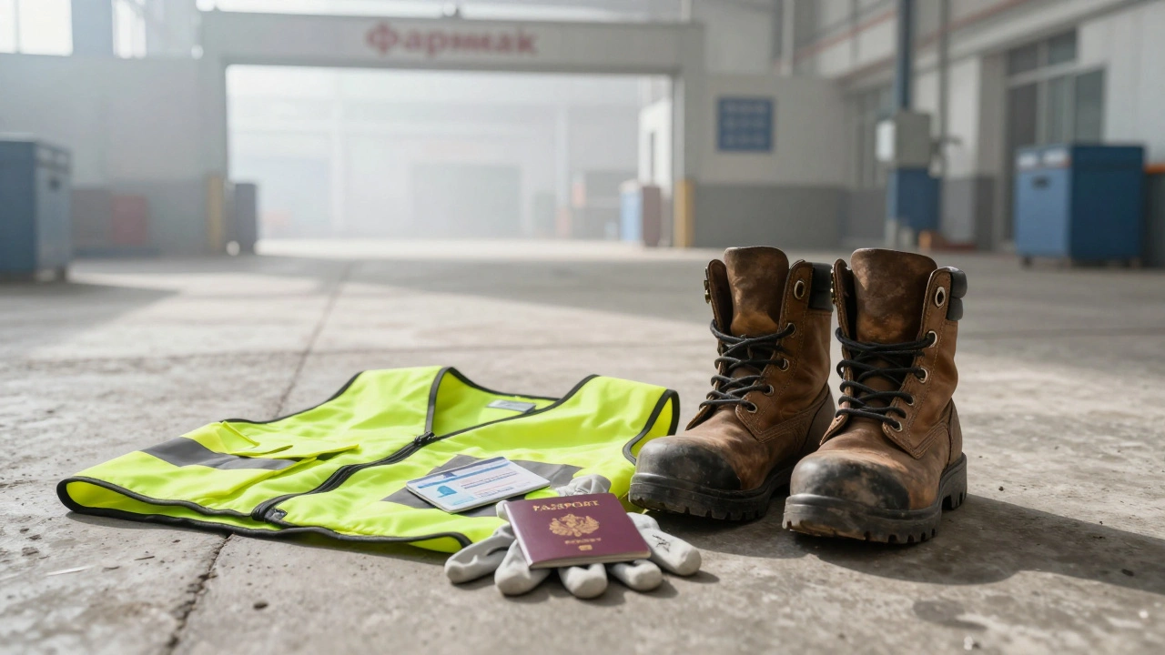 Робочі ботинки, жилет і рукавички лежать на бетоні поруч із паспортом — початок нової роботи.