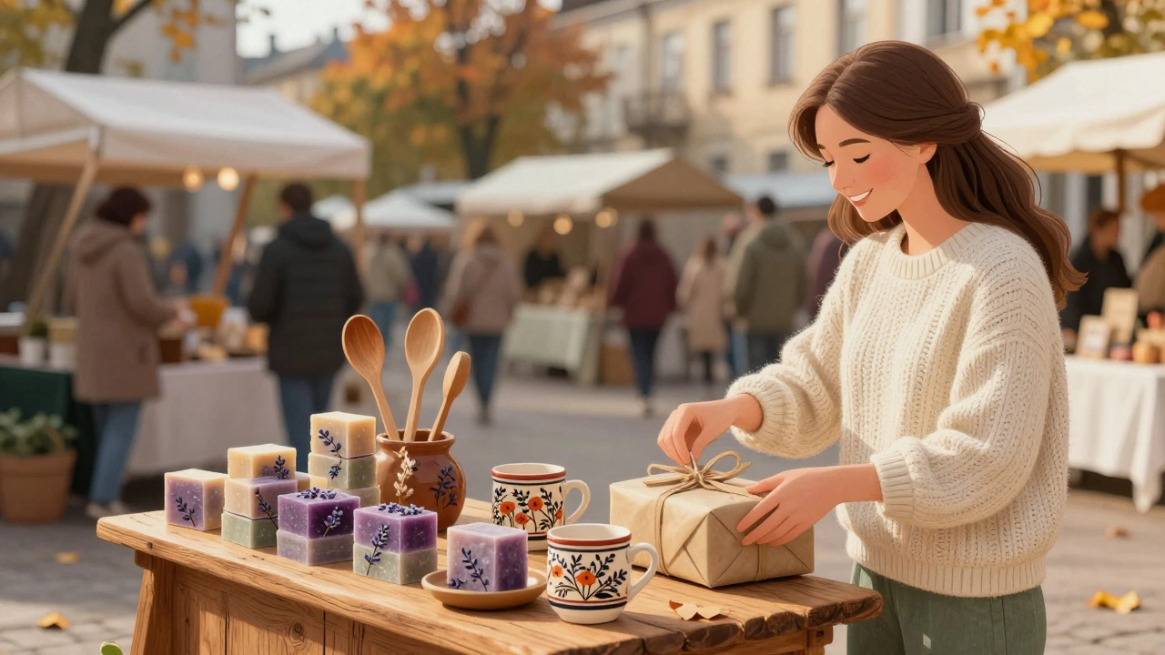 Ручна робота на ярмарку в Києві: мило, кераміка та дерев’яні ложки на стенді.