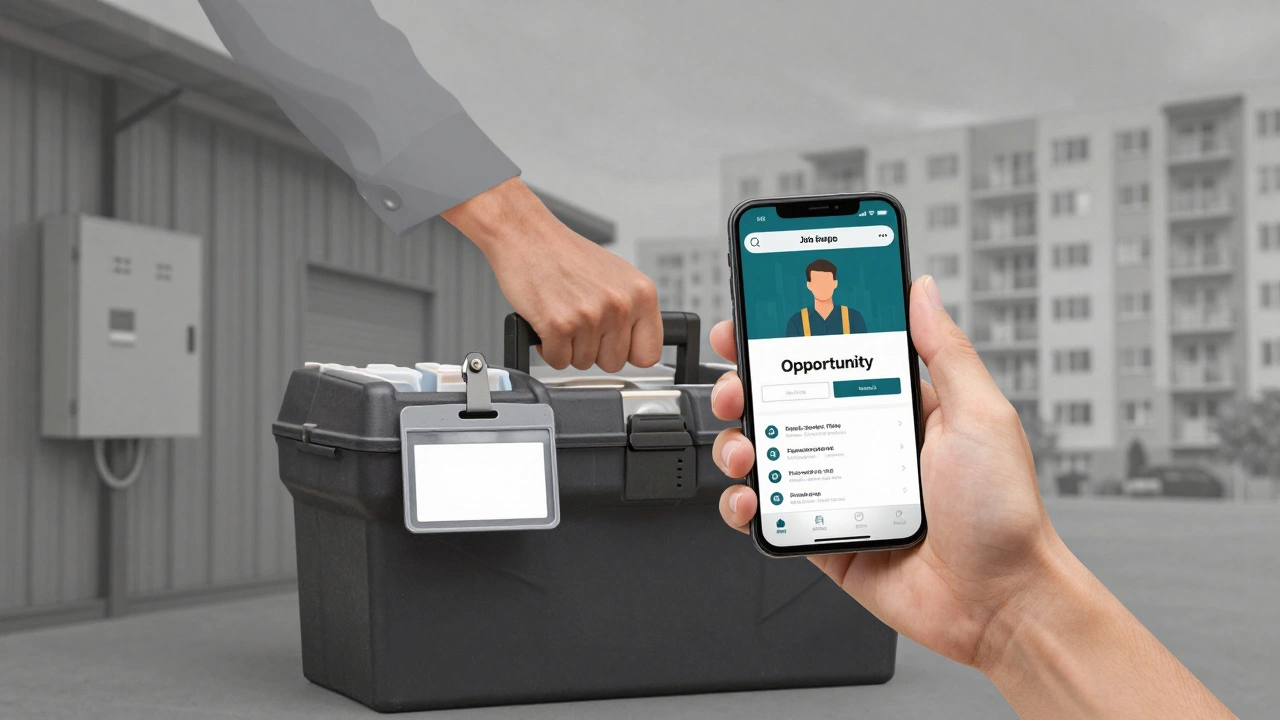 Руки чоловіка тримають інструменти, бейдж і телефон з вакансією — символ роботи та змін у місті.