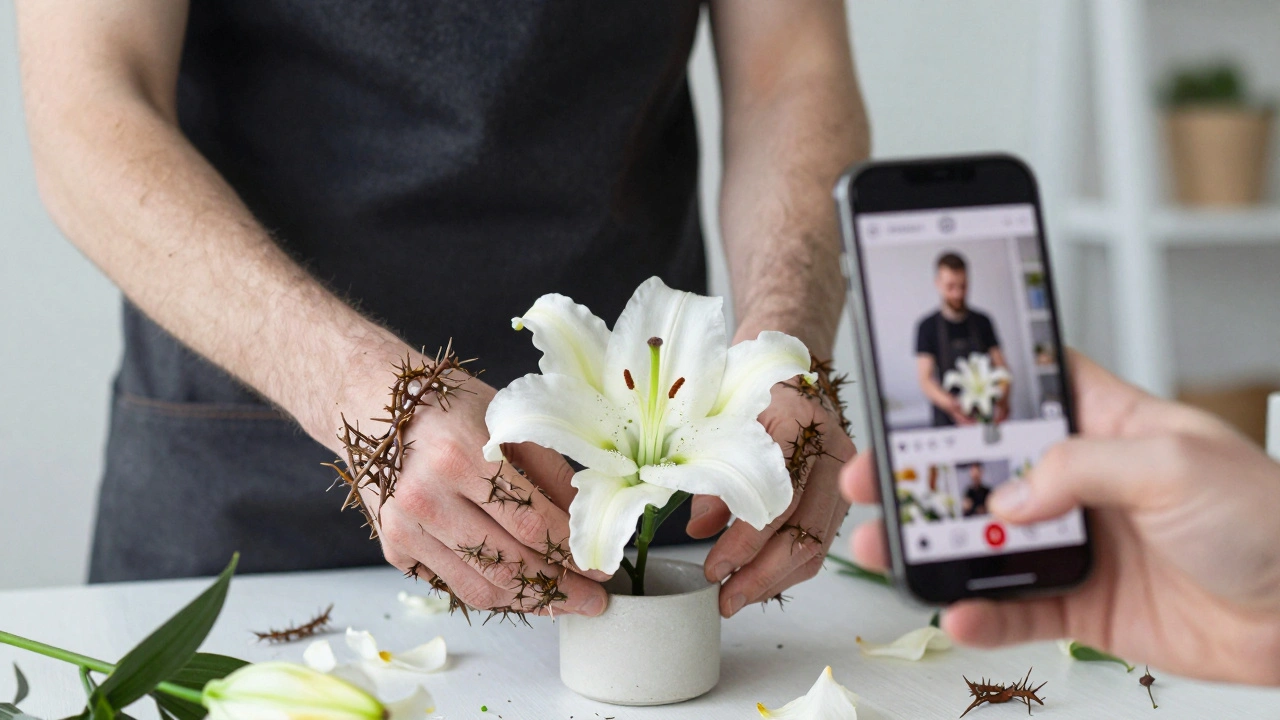 Руки флориста кладуть білу лілію в мінімалістичний букет, на фоні — фото в соцмережах.