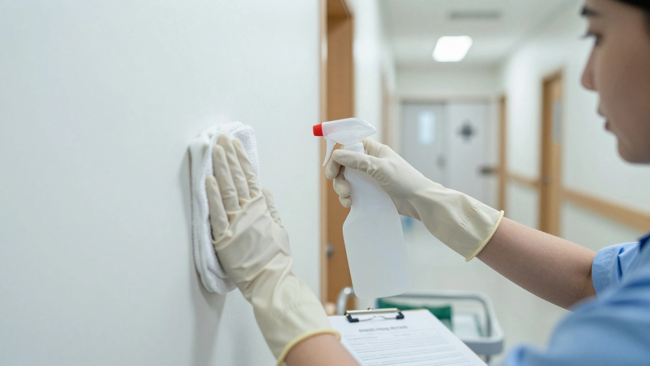 Руки уборщиці в гумових рукавичках прибирають дезінфекцією в лікарні.