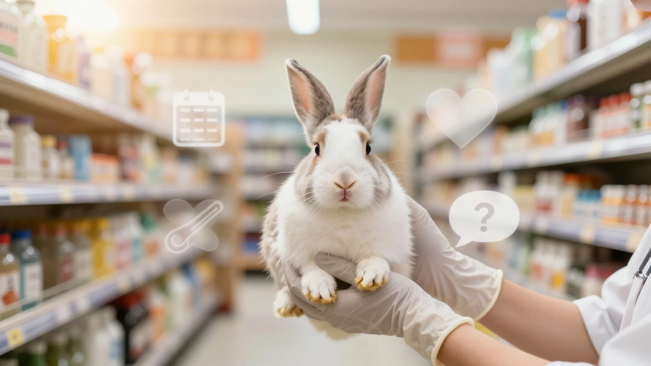 Руки в рукавичках тримають кролика, навколо — символи догляду та знань.