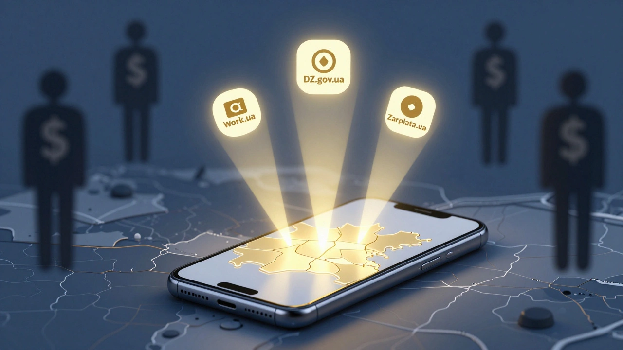 Смартфон над мапою Києва показує легальні портали роботи, а шахраїв — у тіні.