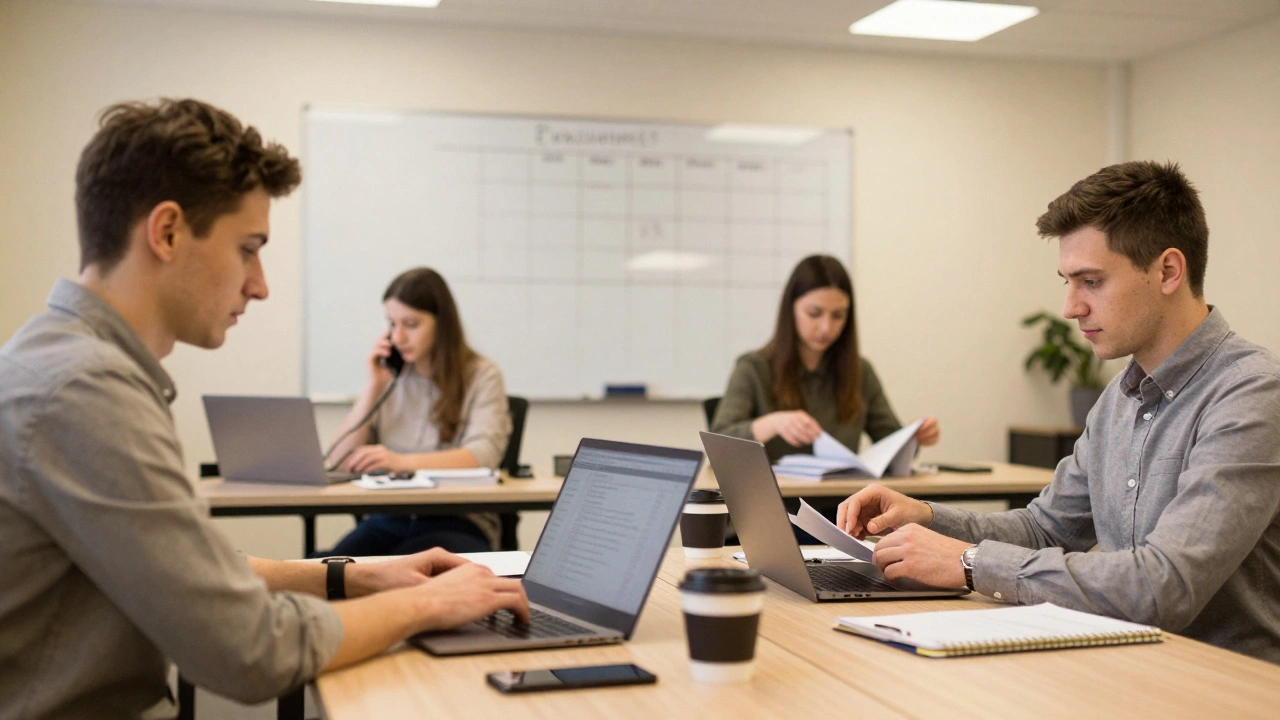 Спокійна сцена в офісі Києва: працівники працюють за столами, телефонують, організовують документи.