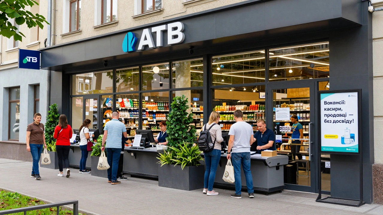 Сучасний магазин ATB на Дарницькій вулиці з клієнтами та касирами.