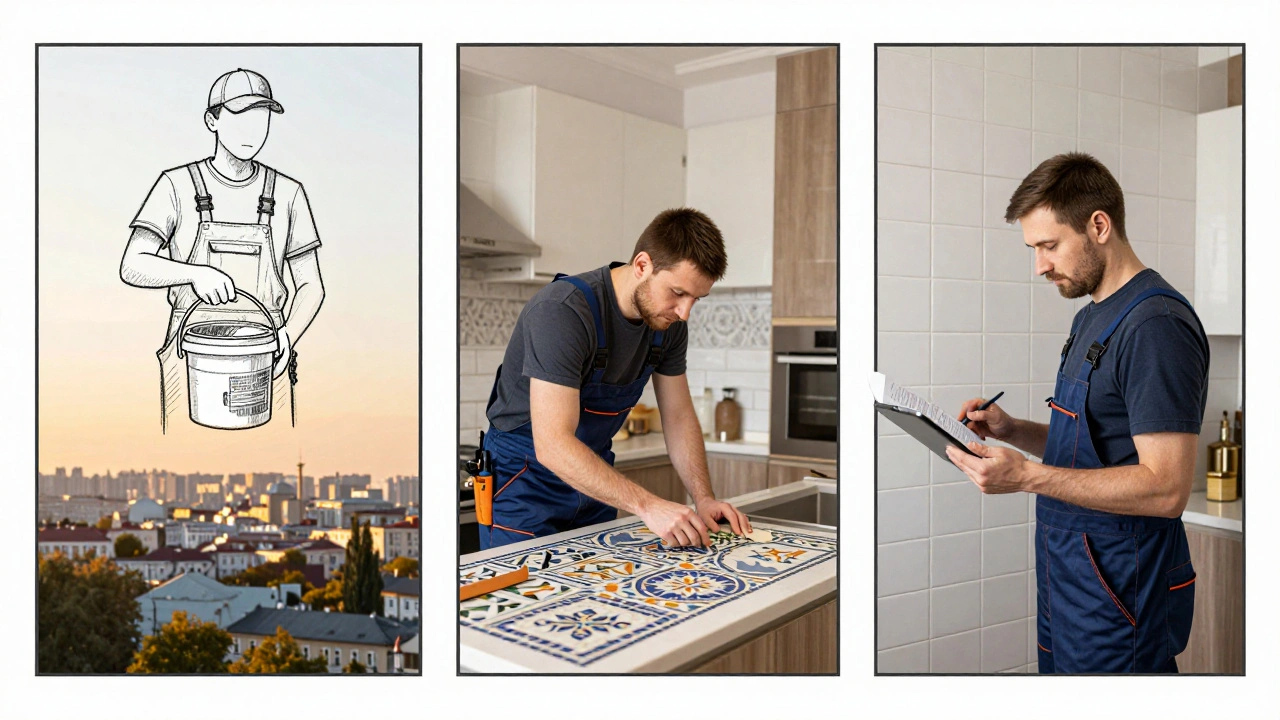 Три етапи кар'єри плиточника: новачок, майстер, професіонал з портфоліо, тло — Київ.