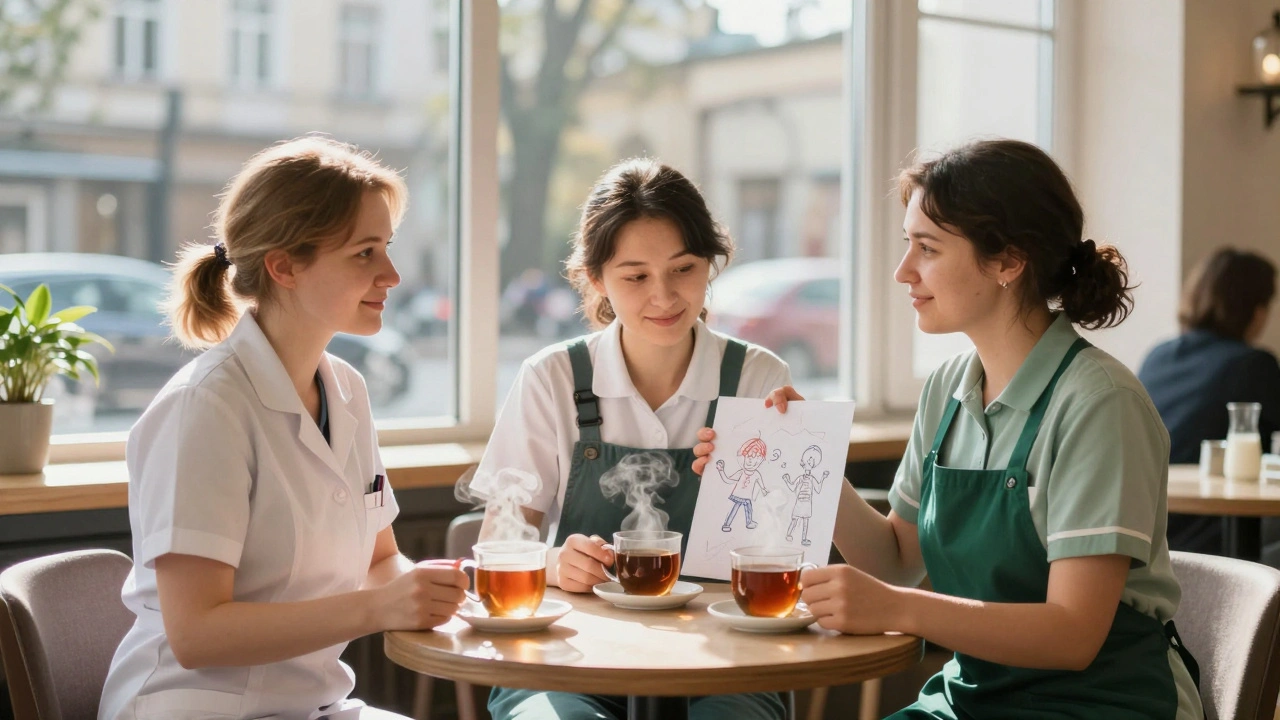 Три жінки різних професій сидять разом у кав’ярні в Києві під час відпочинку, на столі — чай і малюнок дитини.