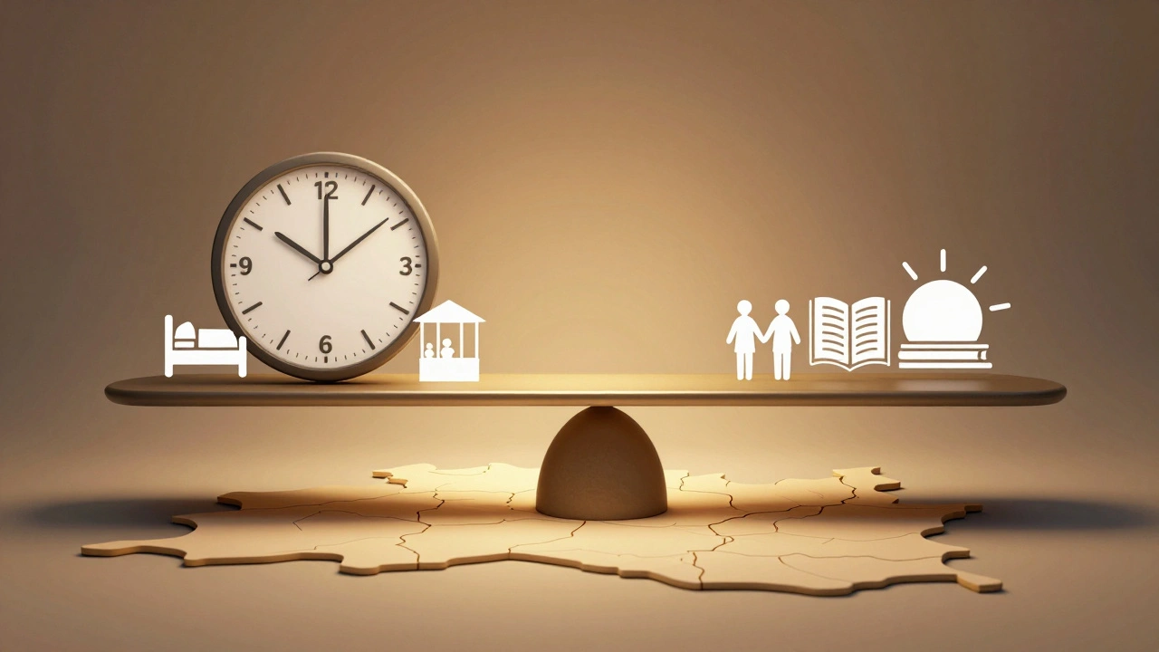 Ваги з 15 днями роботи і 15 днями відпочинку над карткою Києва, символ вільного графіка.