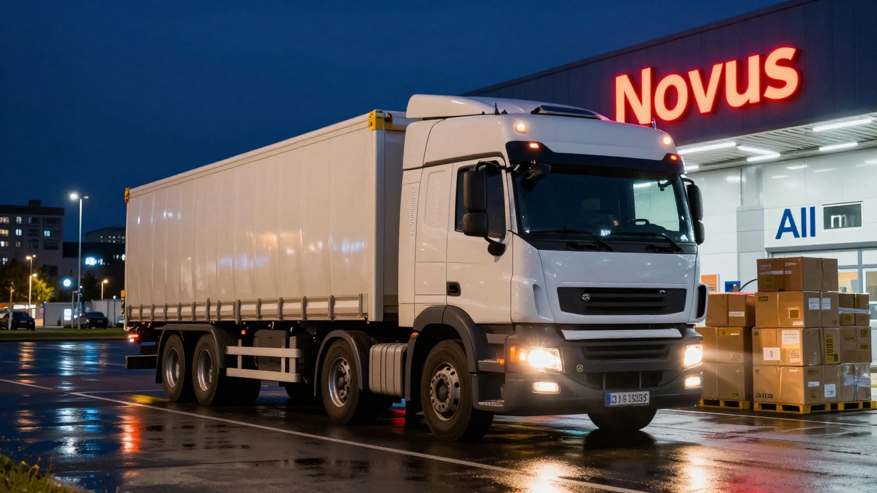 Водій вантажівки біля логістичного центру в Києві вночі, з пакунками і підсвіченими логотипами.