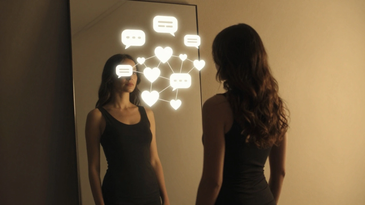 Жінка дивиться у дзеркало, але її віддзеркалення — це сітка світлих сердець і повідомлень, символізуюча емоційні зв'язки.