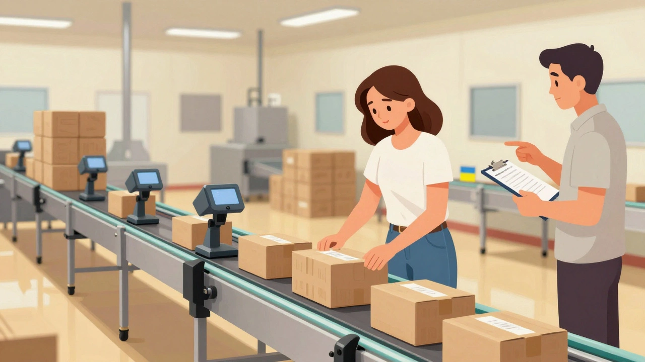 Жінка на конвеєрі наклеює етикетки на коробки в харчовому цеху, навколо — стопки товарів і сканери.