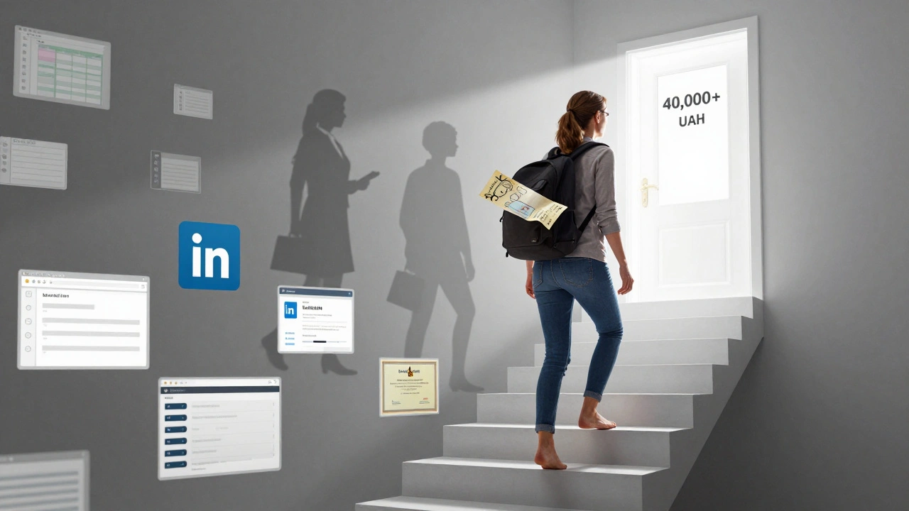 Жінка піднімається по сходах з цифрових символів до дверей з зарплатою 40 000 грн, залишаючи минуле позаду.