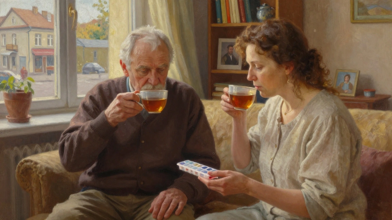 Жінка сидить зі старим чоловіком, п'є чай і дбає про нього в спокійній домашній обстановці.