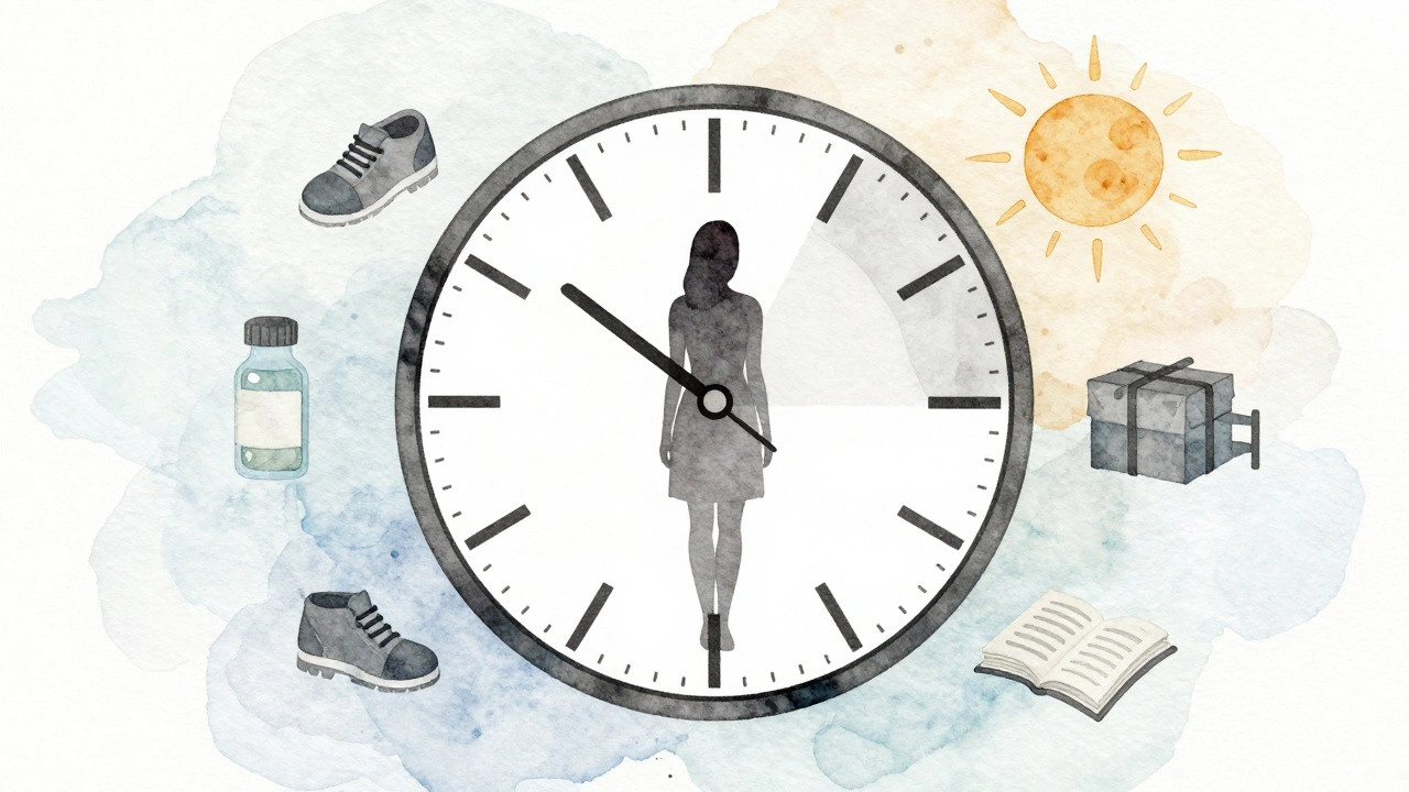 Жінка в центрі годинника з шістьма сегментами: три — робота, три — відпочинок, навколо — символи сім’ї, здоров’я, відпочинку.