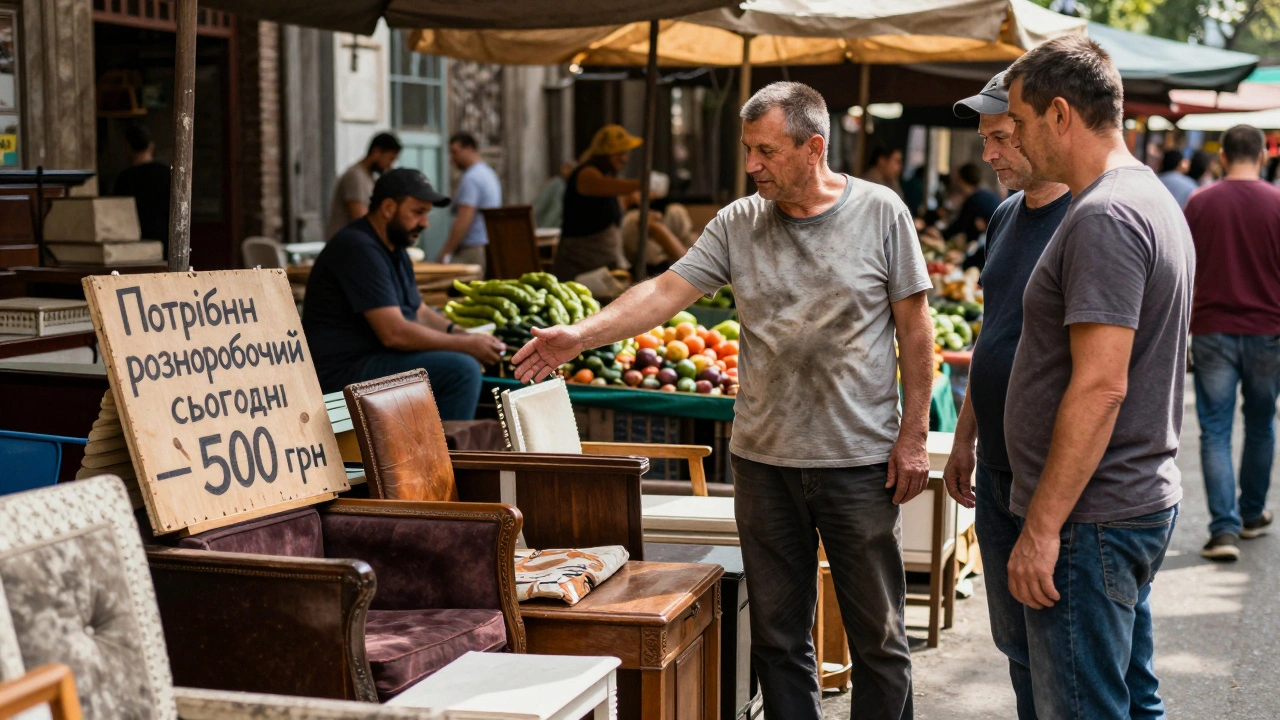 Чоловік з дошкою про роботу на ринку в Києві, двоє працівників слухають.