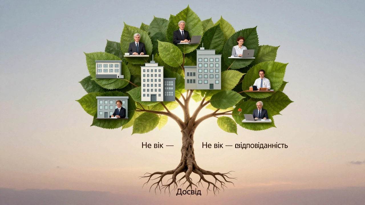 Дерево з листям у формі робочих місць, символізує досвід людей після 50.