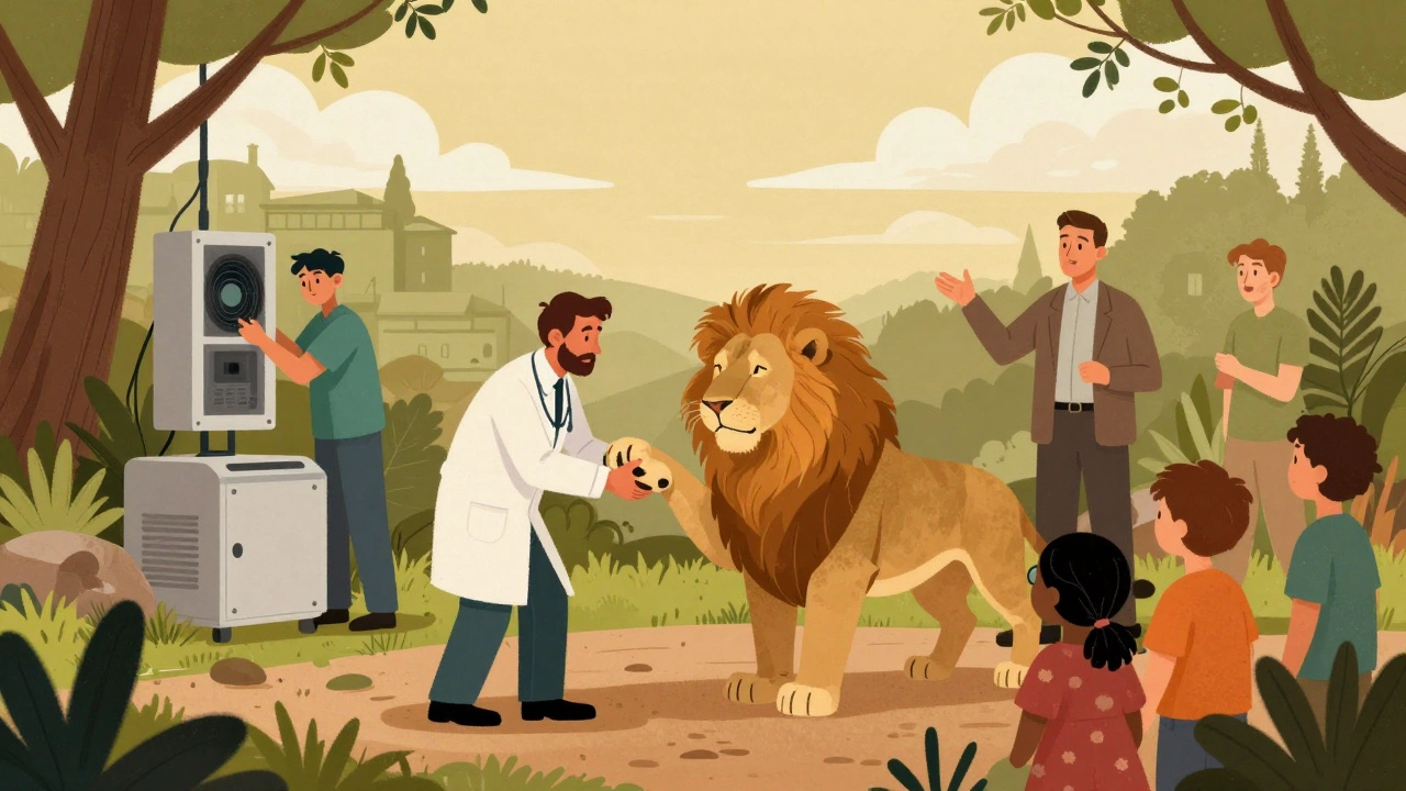 Команда працівників зоопарку: ветеринар, технік і провідник працюють разом.