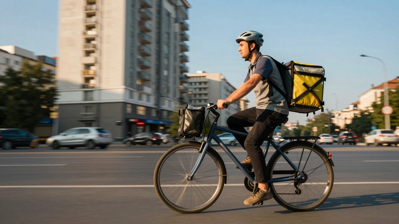 Кур'єр доставляє замовлення на велосипеді в Києві