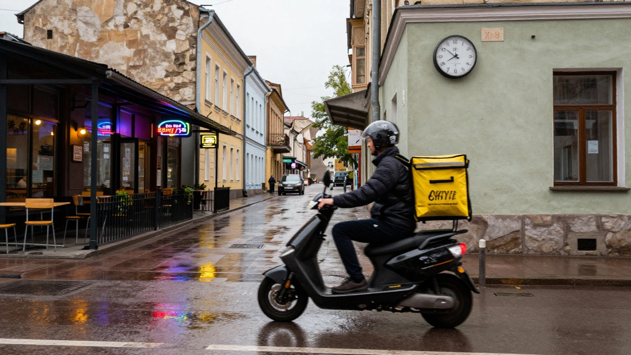 Кур'єр на електросамокаті їде в центрі Києва, доставляючи замовлення