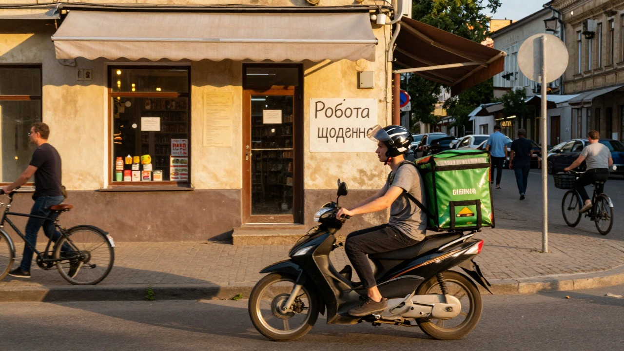 Кур'єр на мопеді доставляє замовлення в районі Оболонь Києва