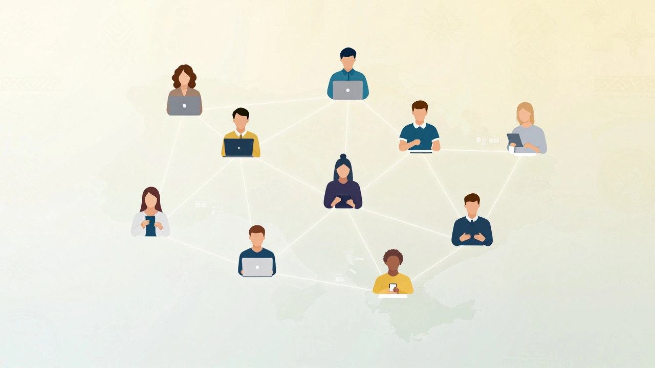 Люди з різних міст України працюють віддалено, їхні екрани з’єднані цифровою мережею над картою країни.