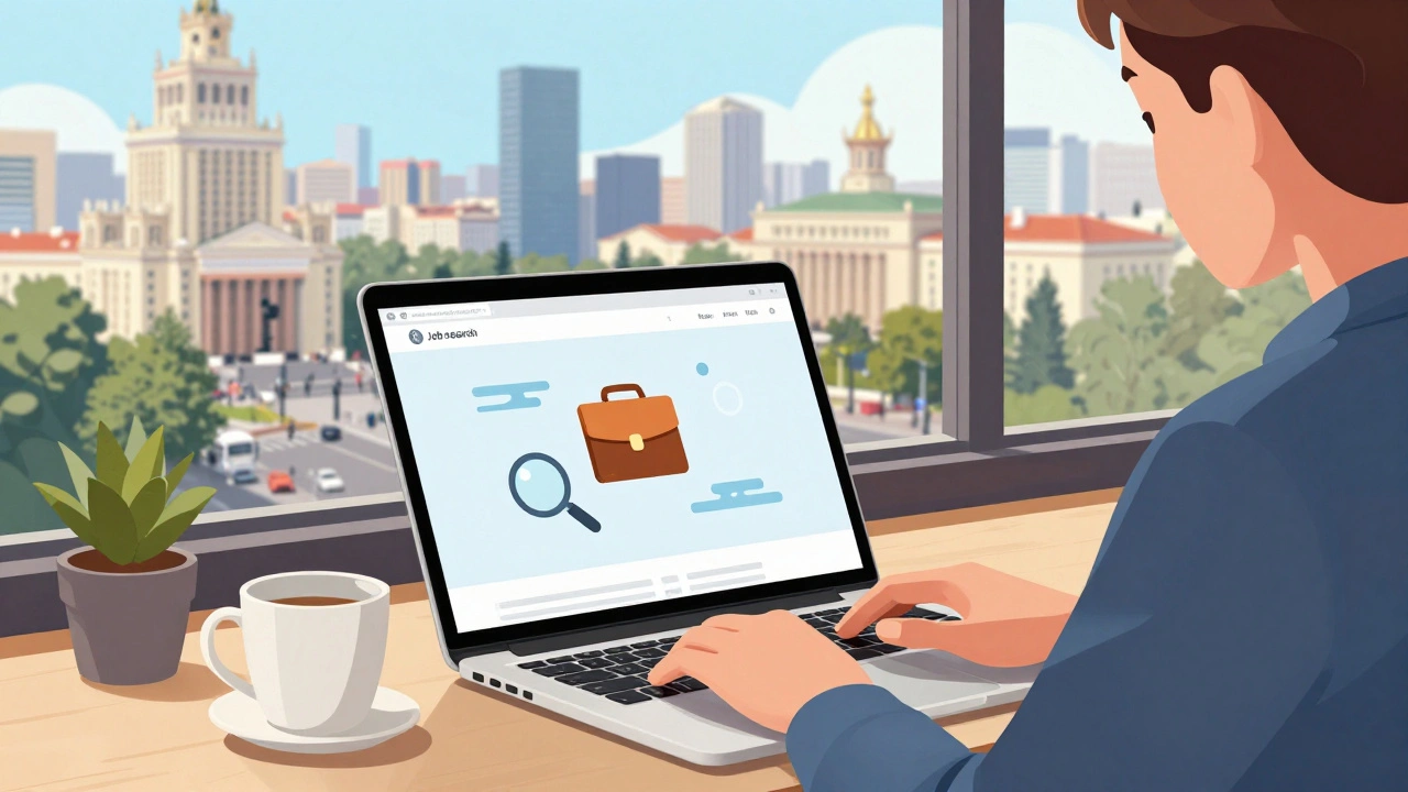 Людина шукає роботу на ноутбуку в кав'ярні