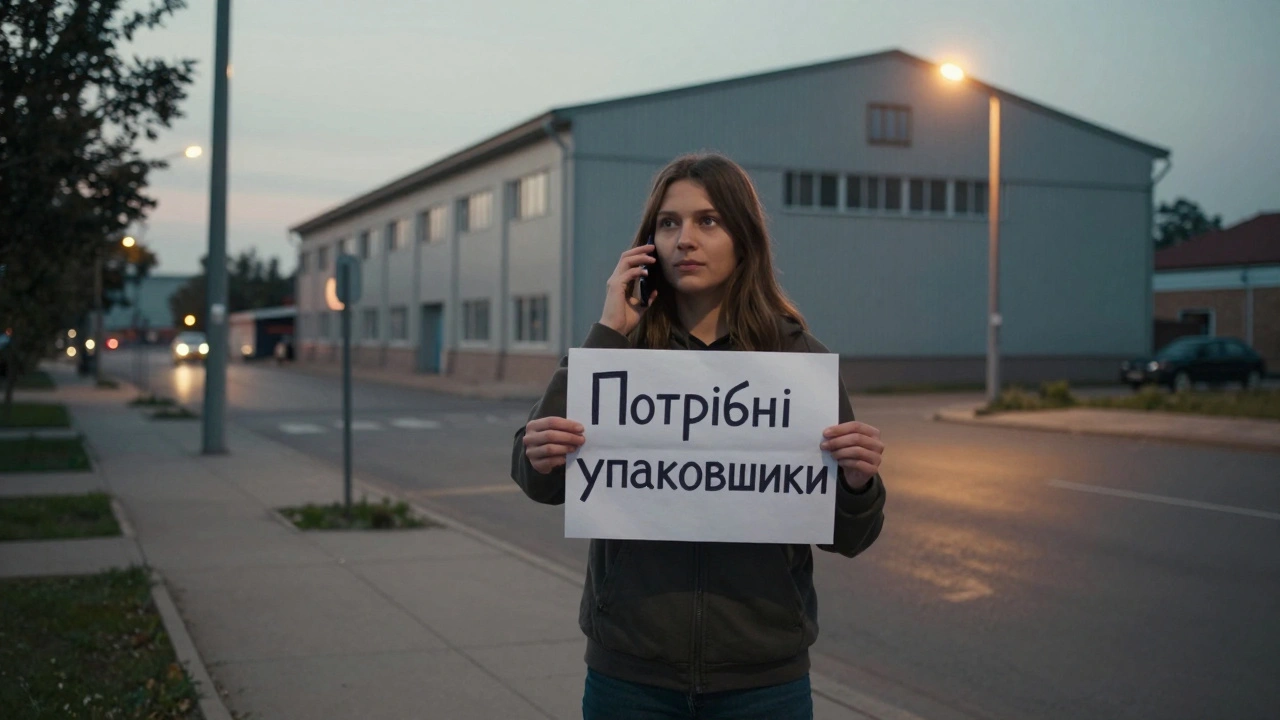 Людина з ручним оголошенням стоїть біля складу в Оболоні, готується зателефонувати роботодавцю.