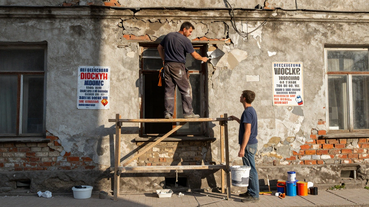 Майстер на лікві на фасаді будинку в Троещині, молодий учень дивиться, інструменти та плакати з працею.
