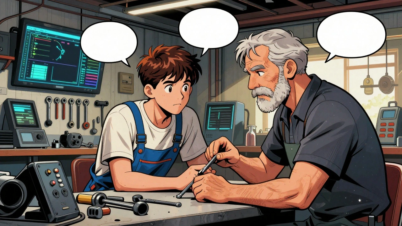 Молодий механік навчається у старшого майстра в майстерні з інструментами та обладнанням.