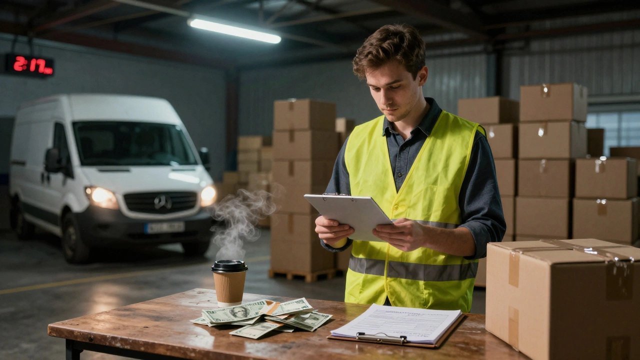 Нічна робота на складі в Воскресенці: працівник завантажує коробки під штучним освітленням.