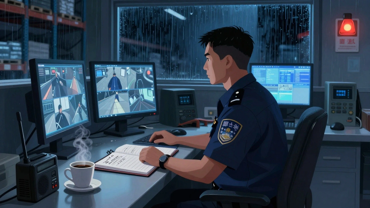 Нічний охоронець за пультом у складі, монітори з відеоспостереженням, журнал і кава на столі, тиха атмосфера.