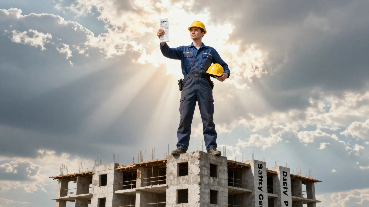 Працівник стоїть на незавершеному будинку, тримаючи розписку про щоденну зарплату.