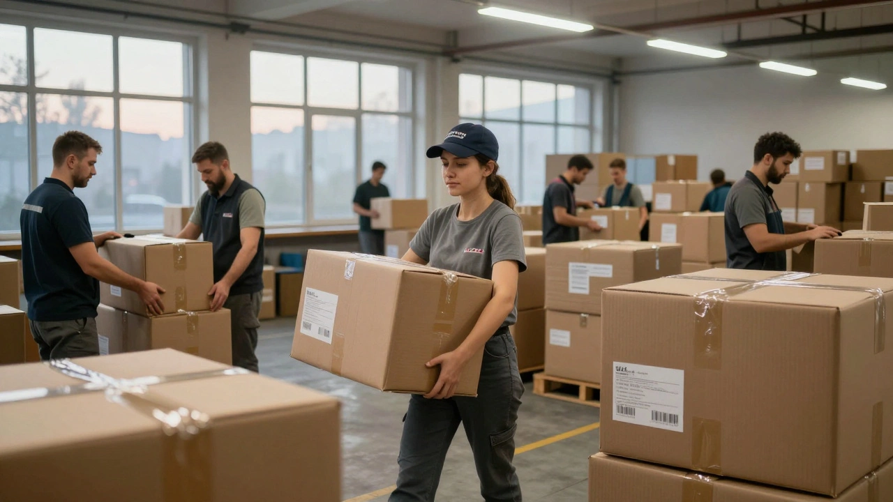 Працівники на складі в Києві пакують коробки під ранковим світлом.