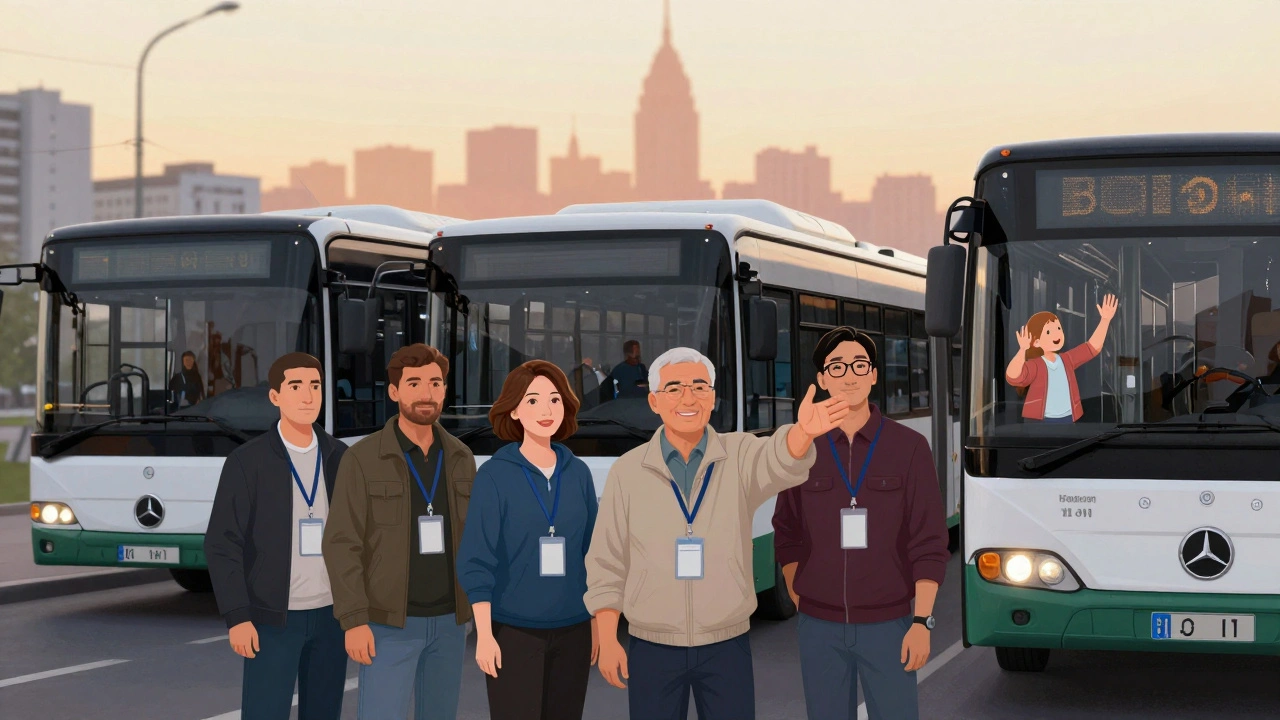 Різноманітна група водіїв автобусів в Києві разом перед автопарком на світанку.