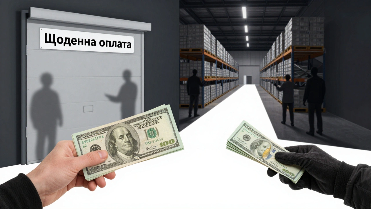 Рука тримає готівку біля дверей складу, тінь інших рук відтягує зарплату.