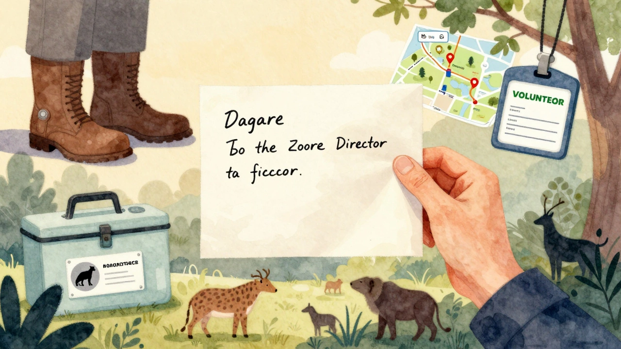 Рука тримає лист до директора зоопарку, навколо — символи роботи з тваринами.