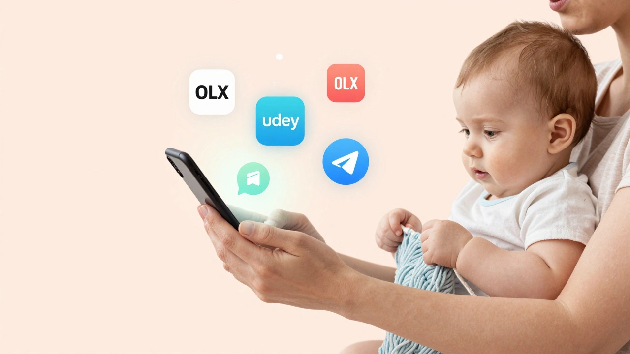 Руки мами одночасно тримають дитину, пишуть, в’яжуть і працюють онлайн