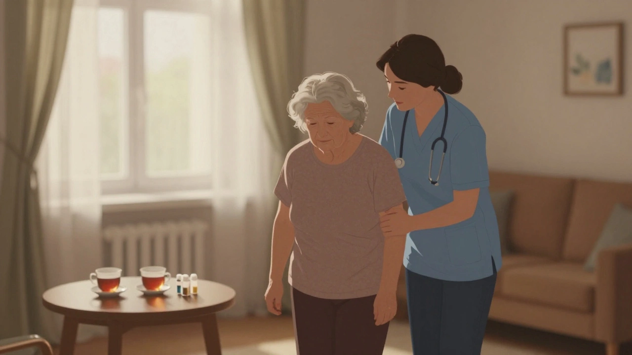 Сиділка допомагає пожилій жінці ходити в квартирі в Шевченківському районі