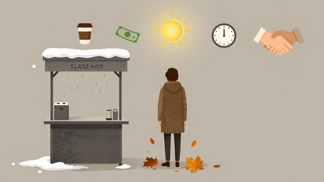 Символічна сцена працівника лареку, який працює в усі пори року: сніг, дощ, сонце, листя — відданість роботі на вулиці.