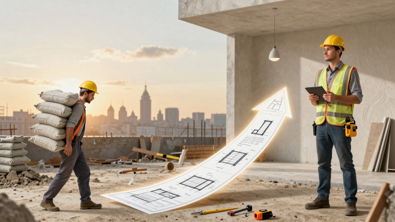 Шлях розвитку будівельника: від перенесення цементу до майстра з інструментами, перед фоном панорами Києва.