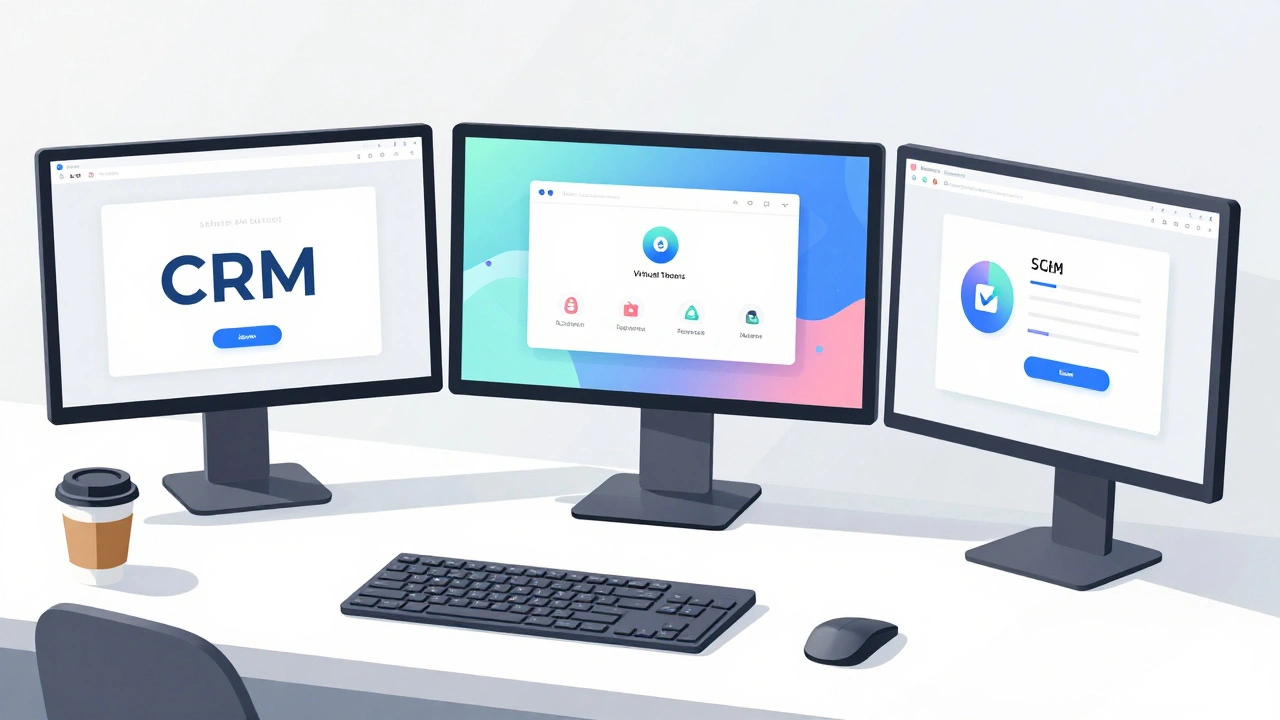 Стіл з трьома екранами, що відображають інтерфейси CRM, віртуальних оглядів та електронних підписів.