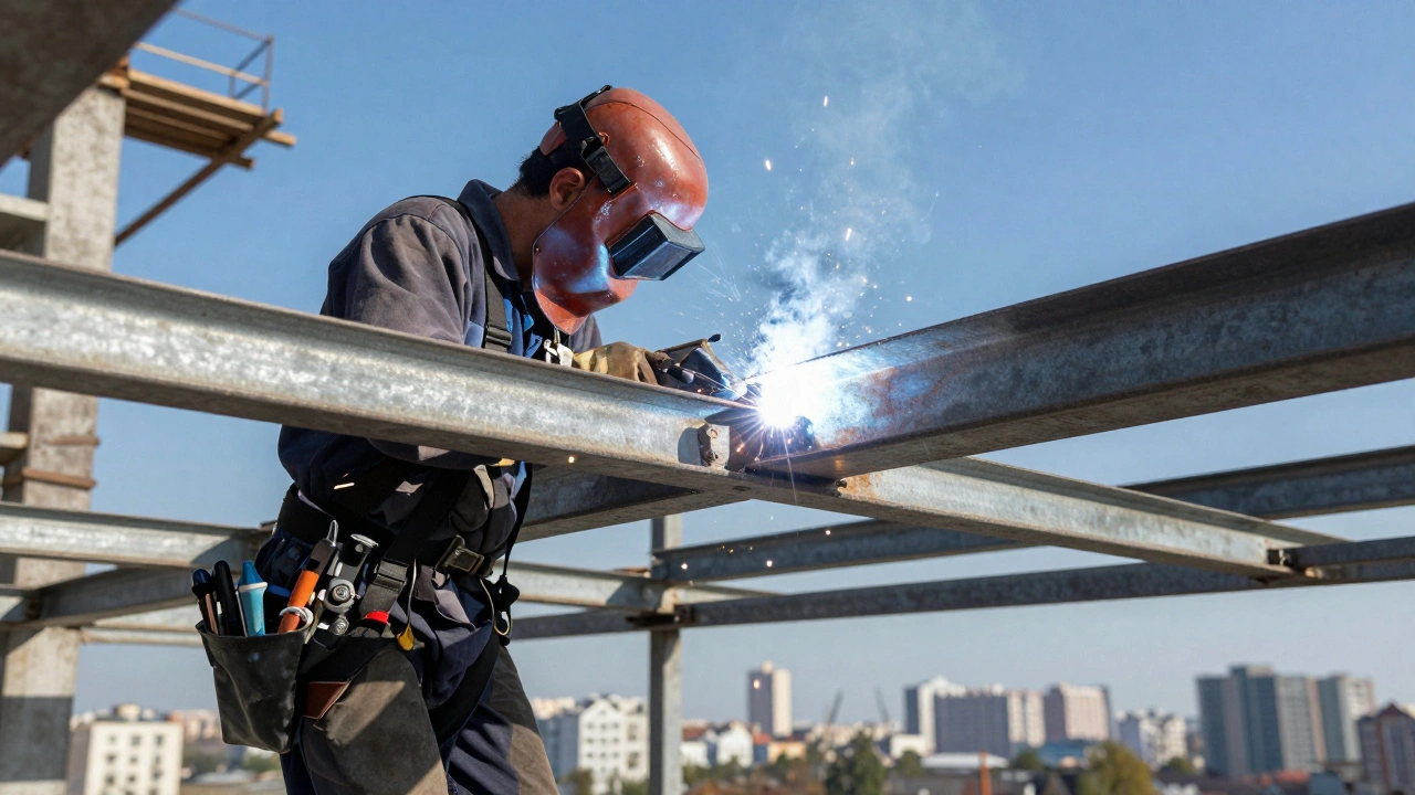 Сварщик на висоті монтує металеві конструкції, вид на місто, безпека та іскри.
