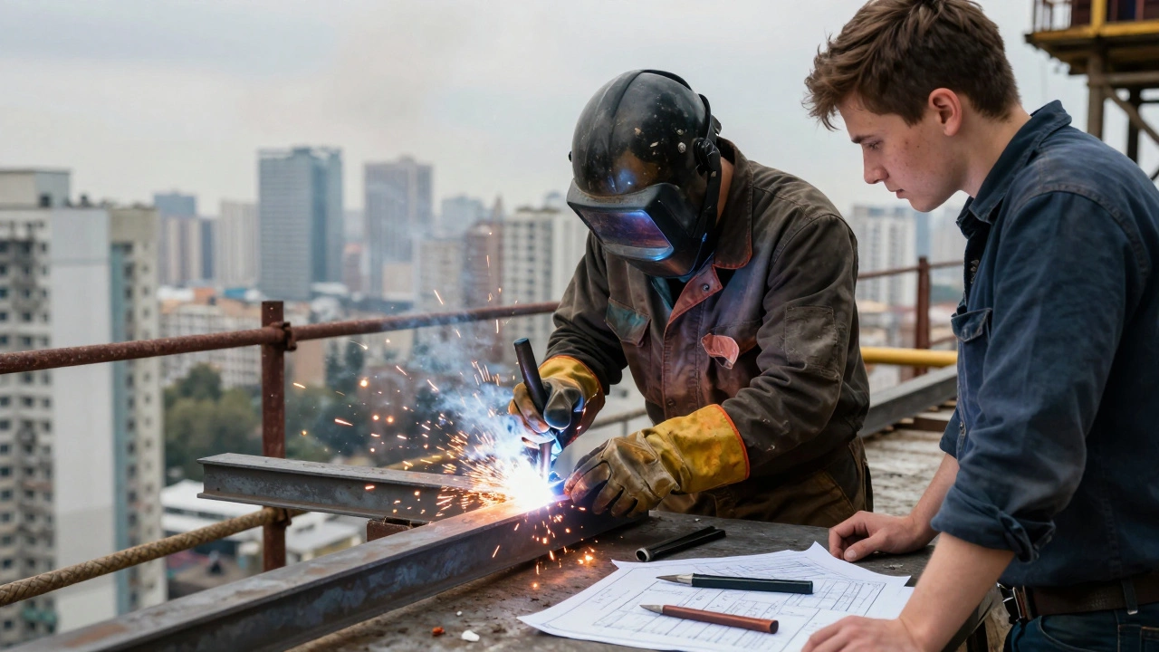 Сварщик зварює металеві конструкції на висоті в районі Оболонь, Київ.