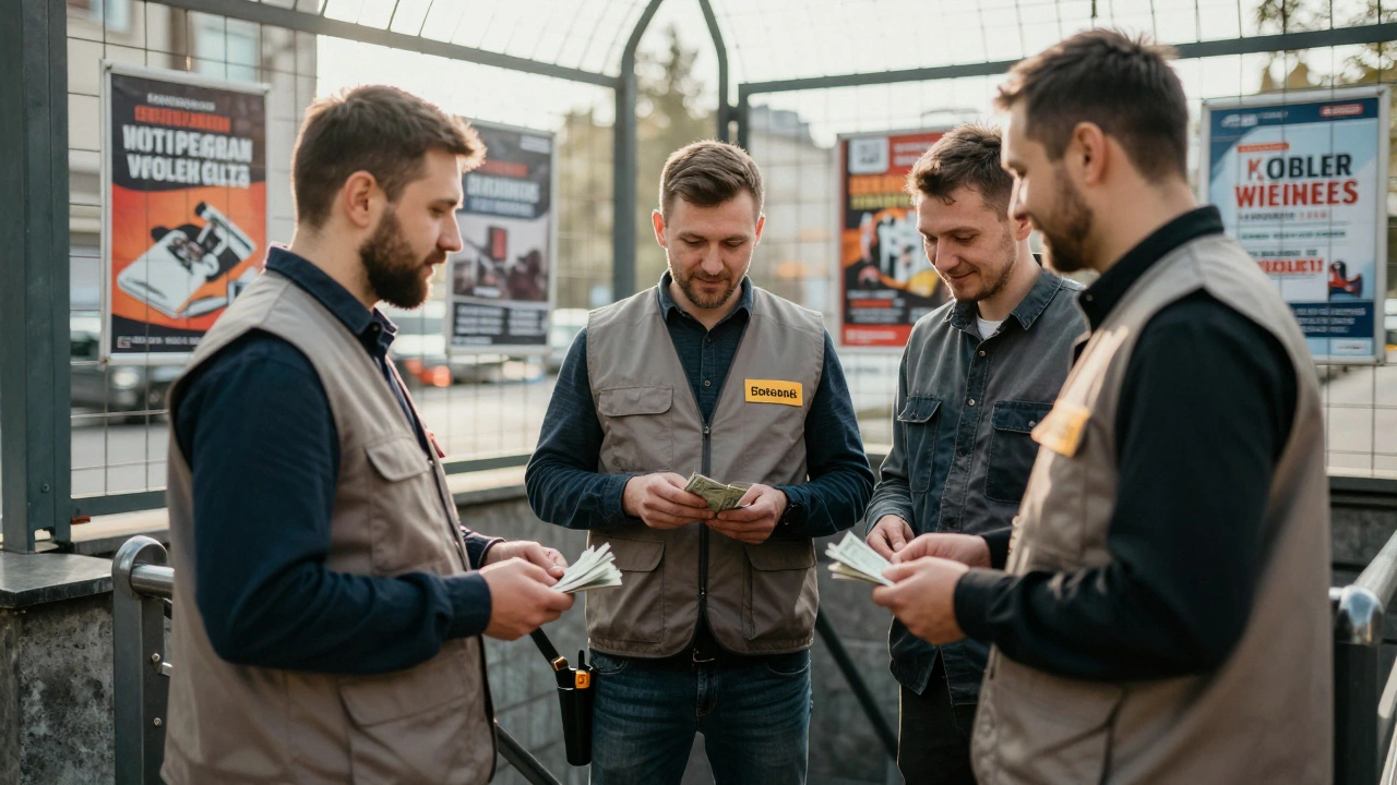 Три працівники після зміни розмовляють біля метро, один рахує готівку