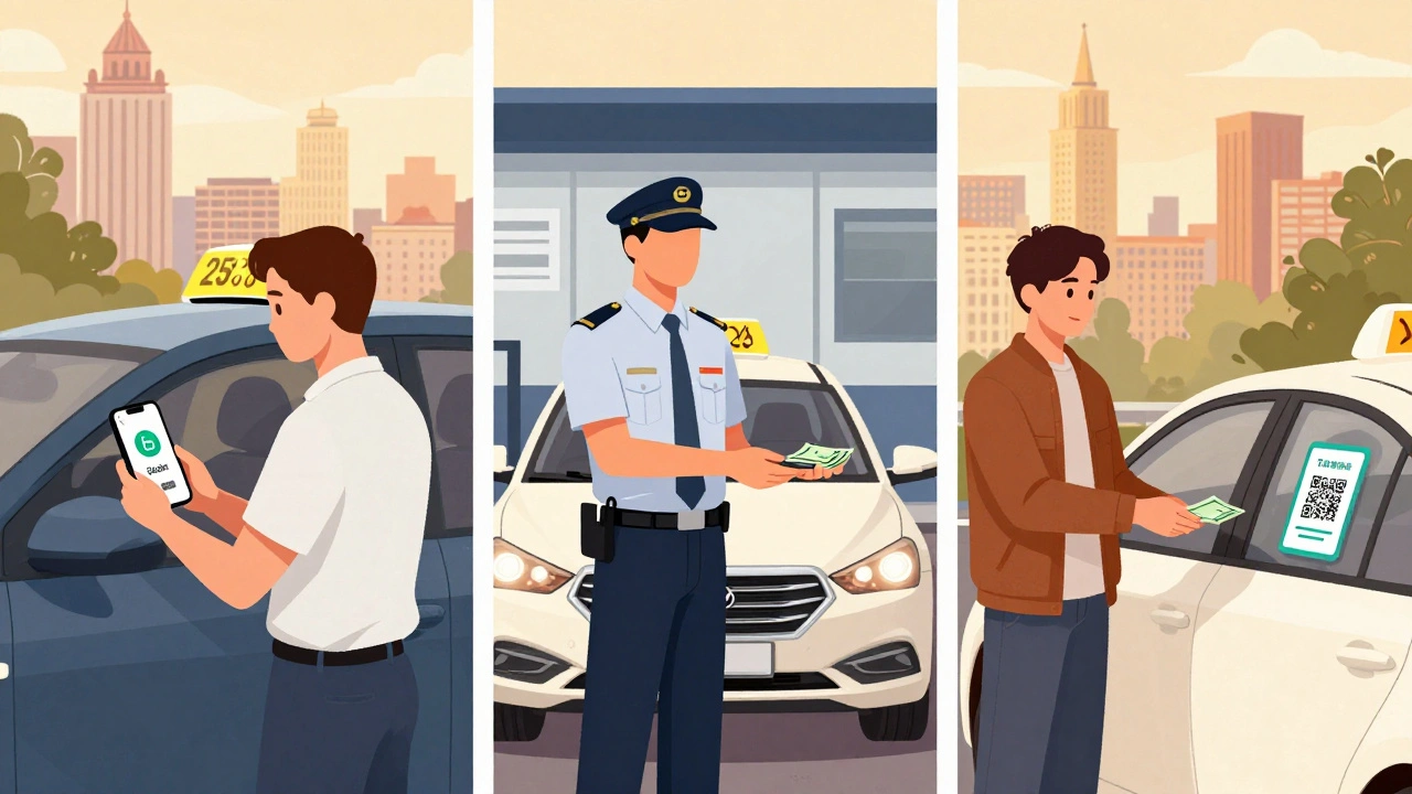 Три способи працювати таксистом у Києві: через додаток, на флоті та самостійно — зображені в одній сцені.