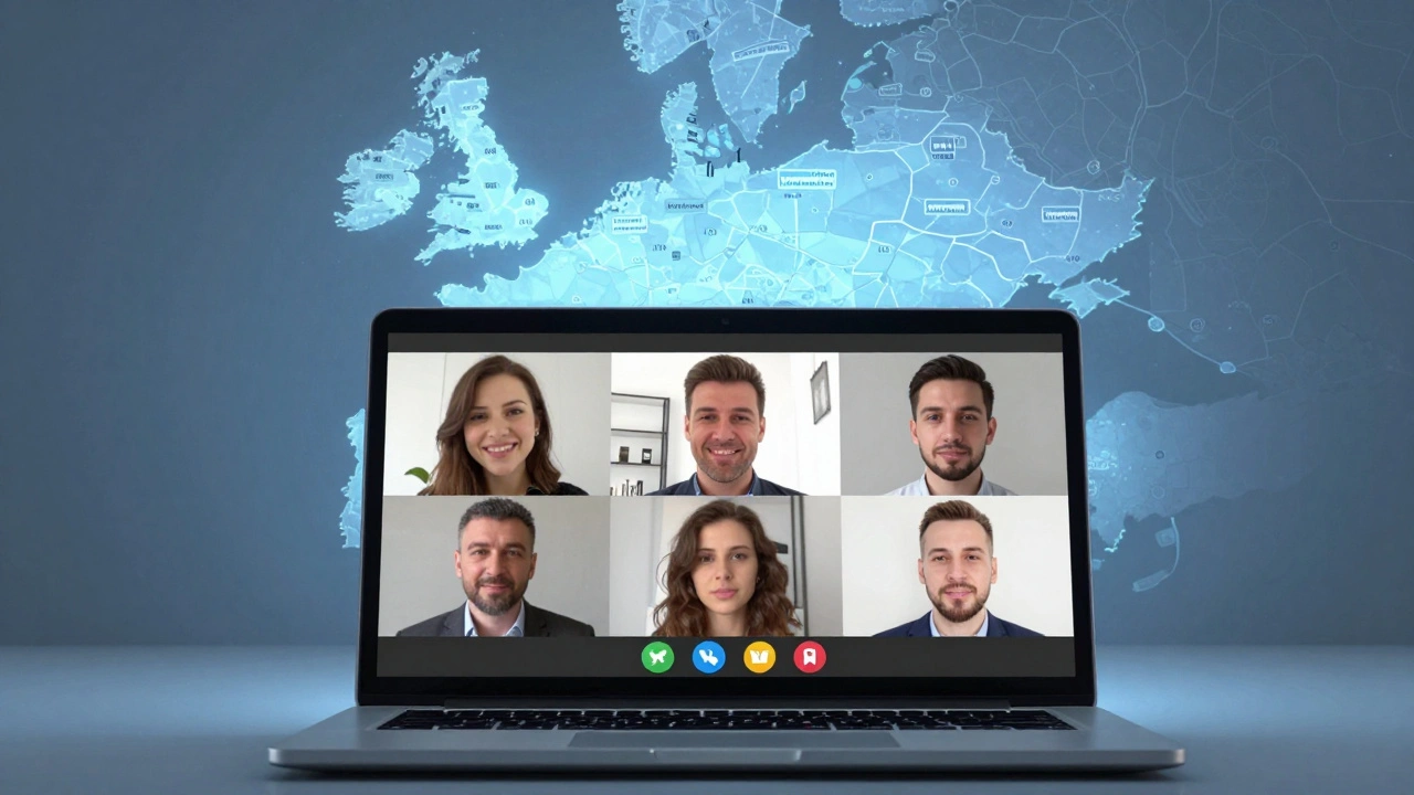 Відеодзвінок між риелтором та міжнародними клієнтами з картою Києва на тлі.