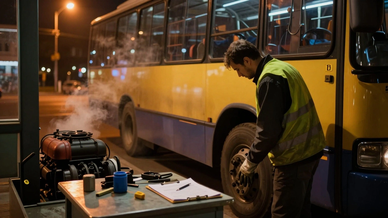 Водій автобуса оглядає техніку на автопарку вночі під оранжевим світлом.